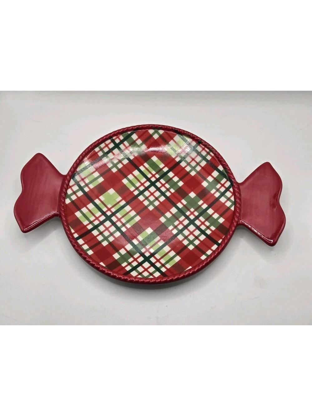 Temp-tations Figural Candy Shaped Platter Red Green Holiday Tartan Plaid 10"